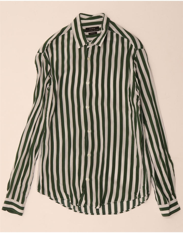 ZARA Hombre Camisa Slim Fit Viscosa Rayas Verde Small
