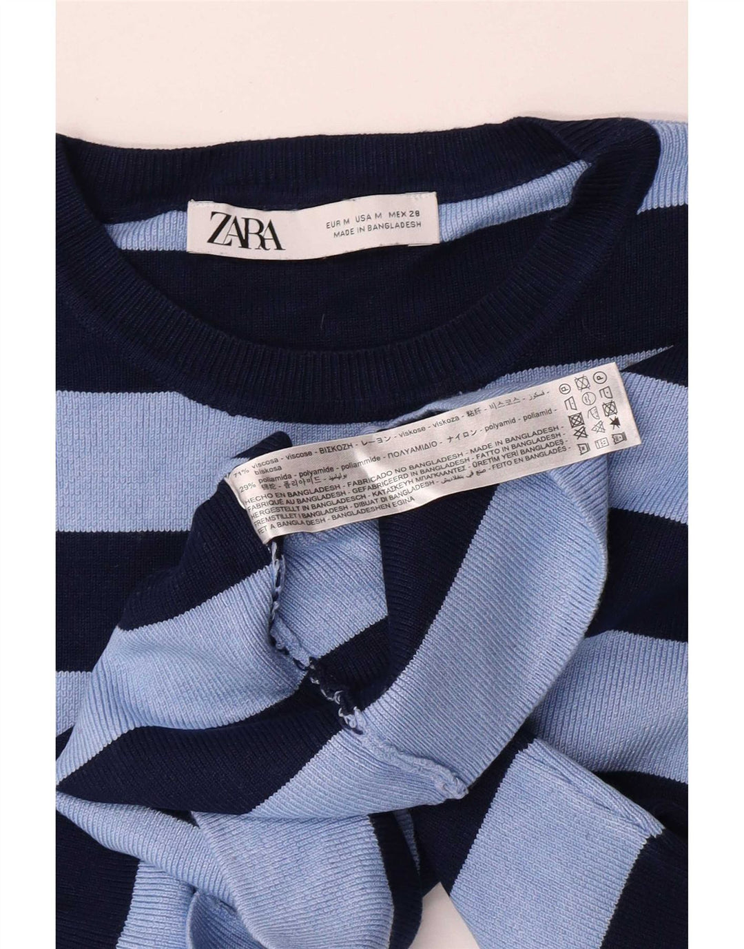 Zara Mujer Crop Blusa Top UK 40 Viscosa Rayas Azul Medio