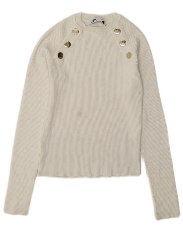 Zara - Jersey corto con cuello barco para mujer, talla 40, viscosa blanca mediana