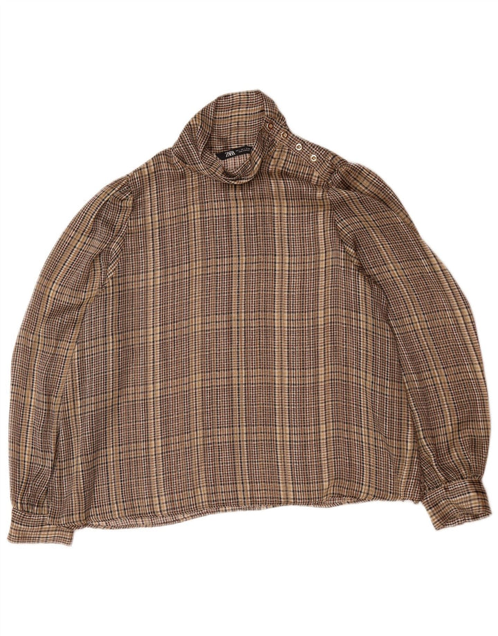 Zara Blusa tipo jersey de manga larga para mujer UK 46 Large Brown Check