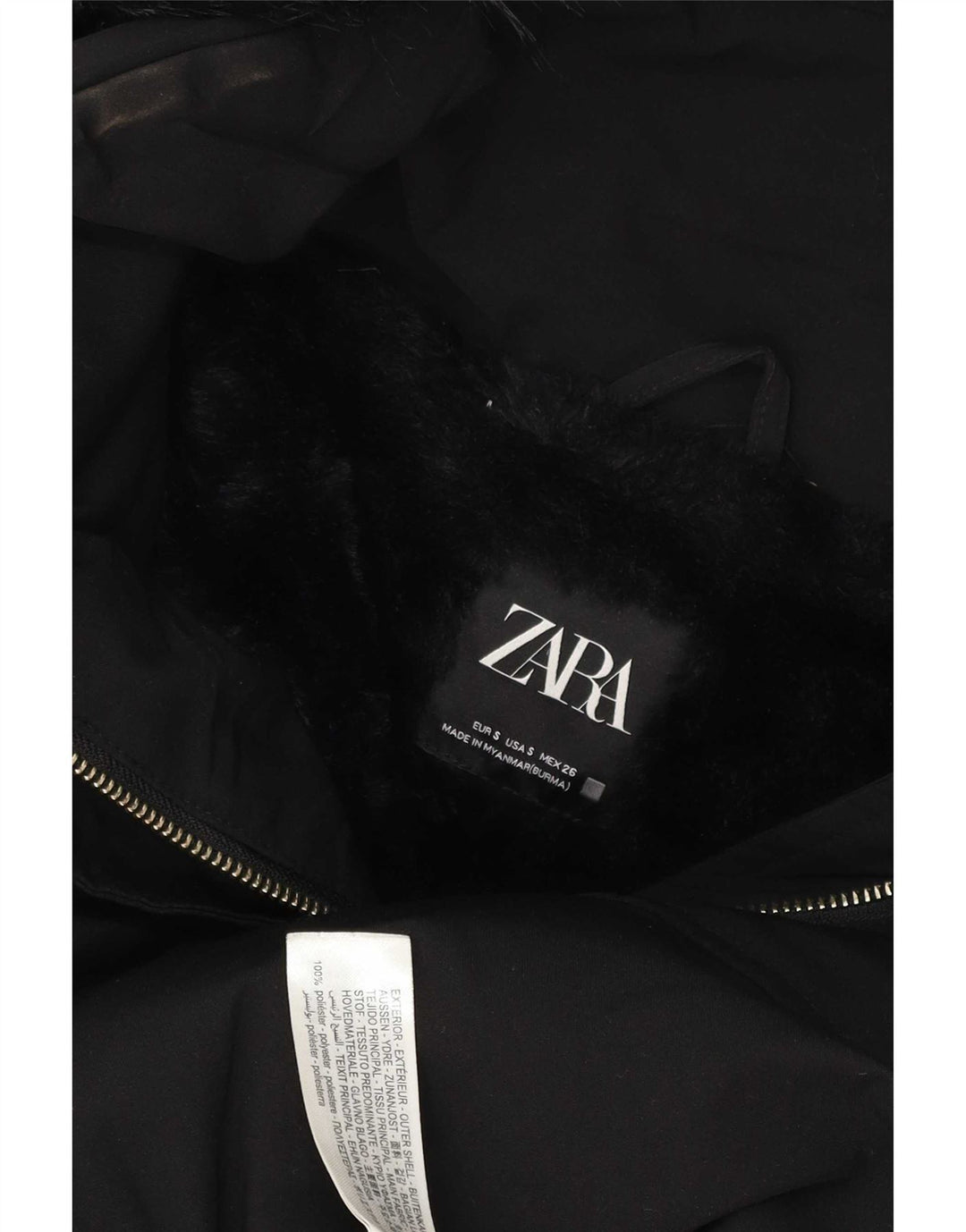 Zara Mujer Abrigo Acolchado Con Capucha UK 10 Small Poliéster Negro