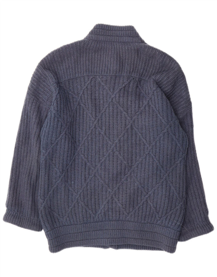 VINTAGE Hombres Cardigan Suéter Medio Azul Marino Lana