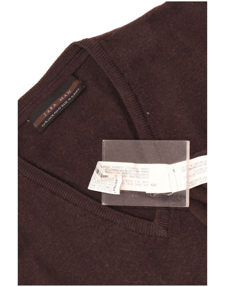 Zara Hombre Jersey Cuello Pico XL Lana Marrón