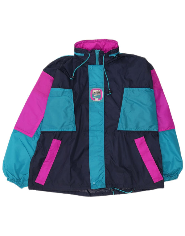 Vintage hombres con capucha chaqueta cortavientos Reino Unido 36 pequeño azul marino colorblock