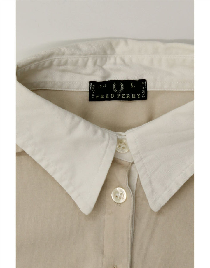 FRED PERRY Camisa tipo jersey de manga 3/4 para mujer UK 44 Grande Beige Colorblock
