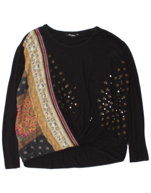 Desigual Mujer Top Manga Larga UK 44 Medio Negro Floral Viscosa