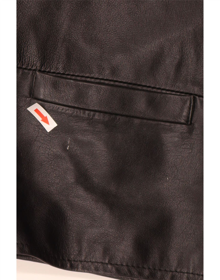 Vintage mujer longline cuero Gilet Reino Unido 16 cuero negro grande