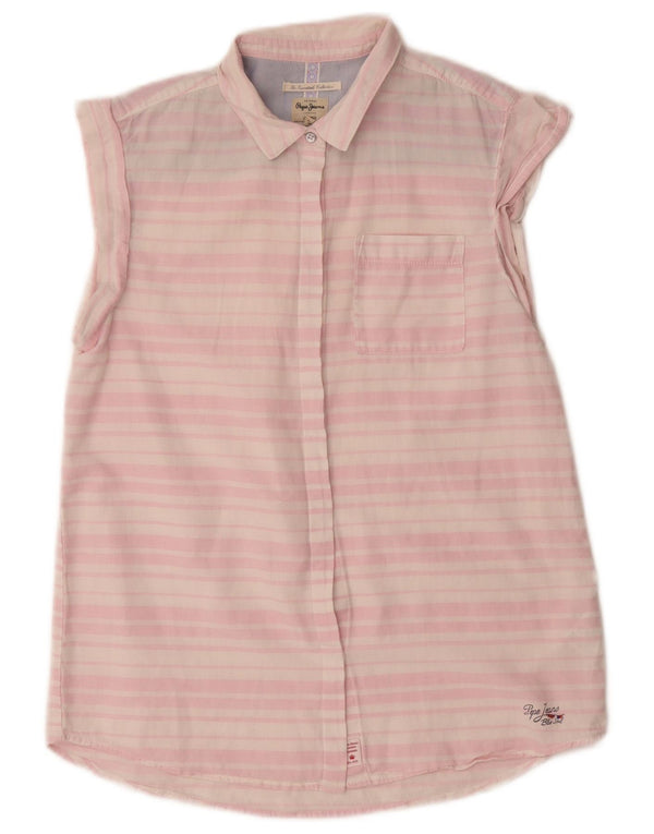 PEPE Jeans Camisa extragrande de manga corta para mujer UK 6 XS Lino a rayas rosa