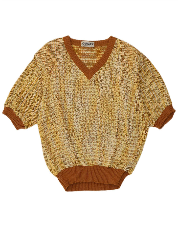 Vintage mujer manga corta V-cuello jumper suéter IT 44 amarillo medio