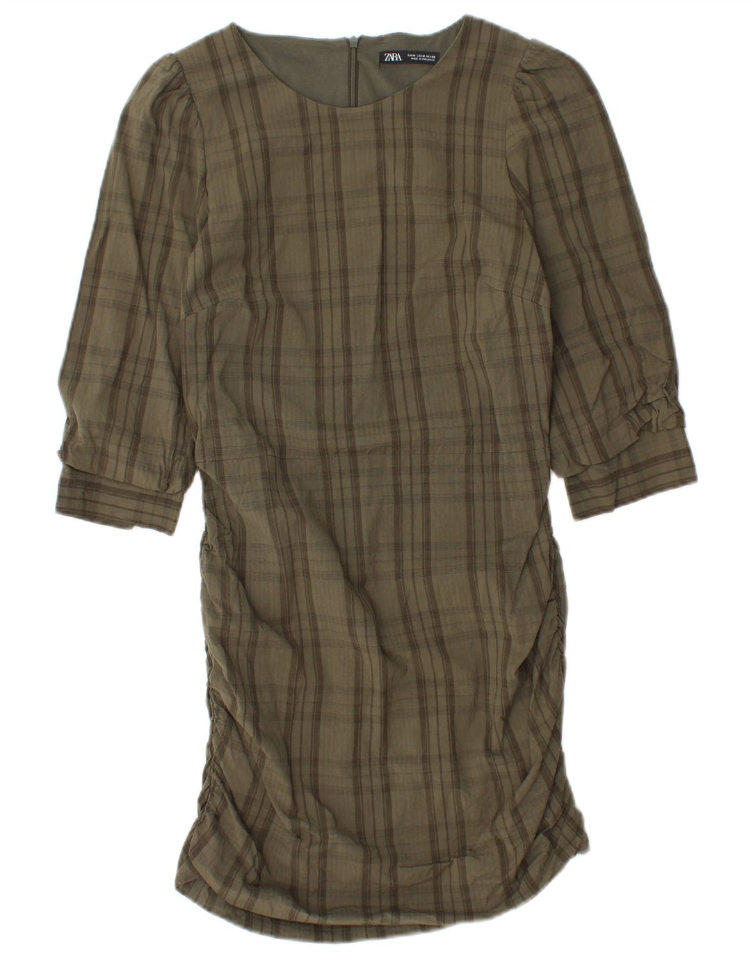 Zara Vestido recto de manga 3/4 para mujer UK 42 Viscosa a cuadros caqui mediano