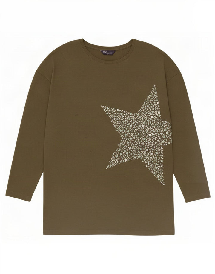 Marks & Spencer Top con estampado abstracto para mujer, manga larga, talla 40, color caqui