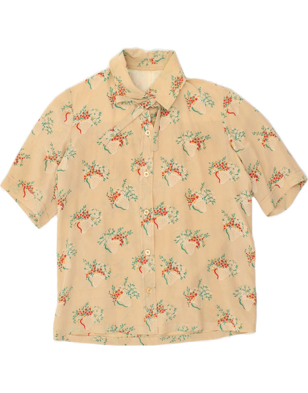 VINTAGE Womens Front Tie Short Sleeve Shirt UK 14 Large Beige Floral