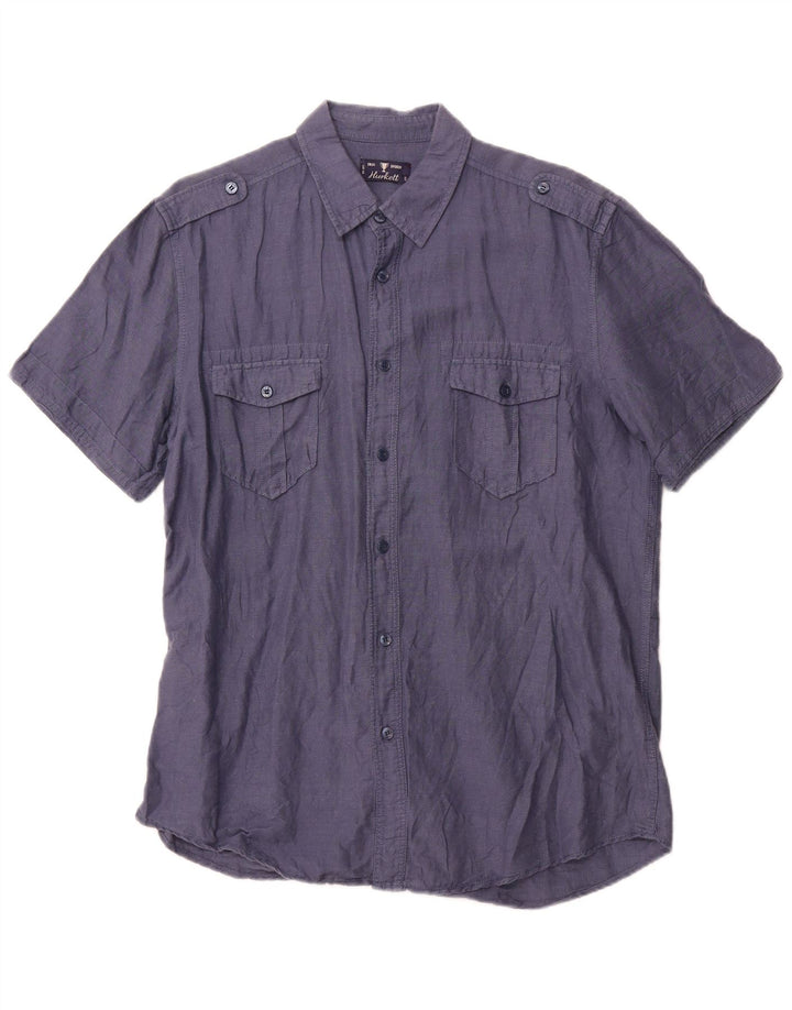 VINTAGE Hombres Militar Camisa de Manga Corta Grande Azul Marino