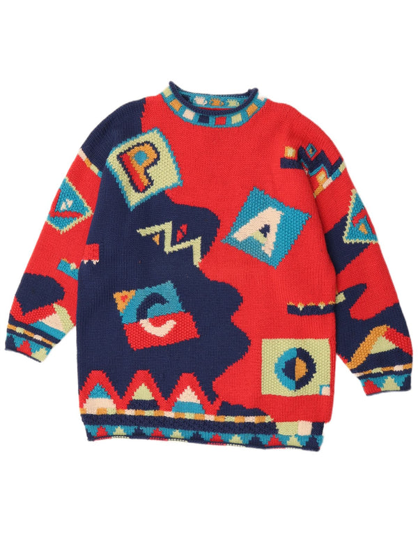 Vintage mujeres tortuga cuello jumper suéter Reino Unido 16 grande rojo geométrico novedad