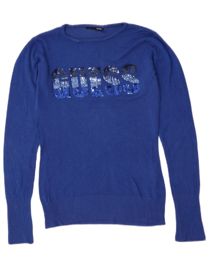 GUESS Suéter gráfico con cuello barco para mujer UK 12 Viscosa azul medio
