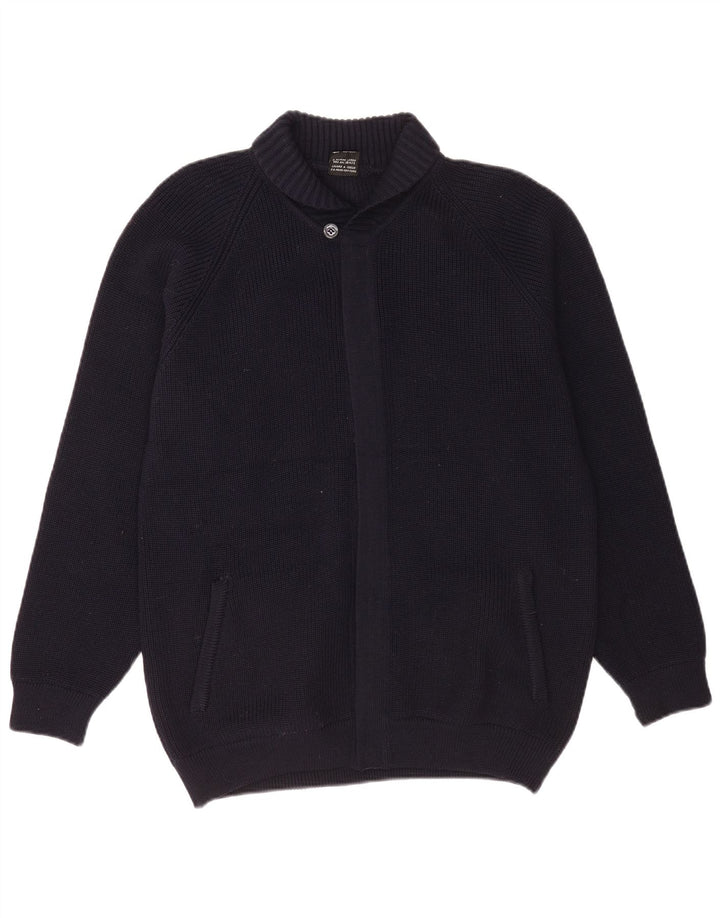 Vintage hombres Cardigan suéter medio azul marino lana virgen