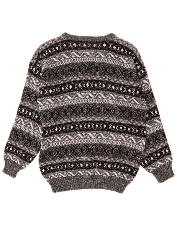 Vintage mujer barco cuello jumper suéter Reino Unido 16 grande gris Fair Isle acrílico