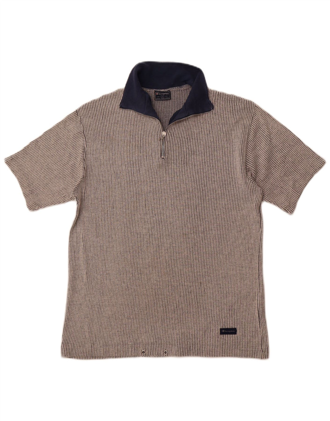 CHAMPION Camiseta con cuello y cremallera para hombre Top grande de algodón a rayas grises