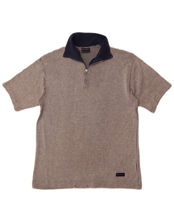 CHAMPION Camiseta con cuello y cremallera para hombre Top grande de algodón a rayas grises