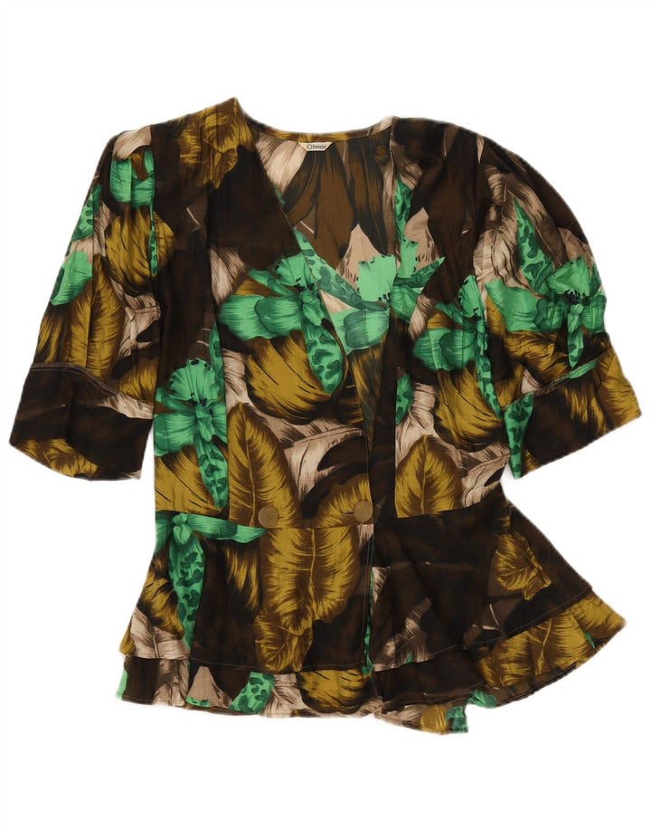 VINTAGE Blusa camisera de manga corta para mujer IT 42 Medium Khaki Floral