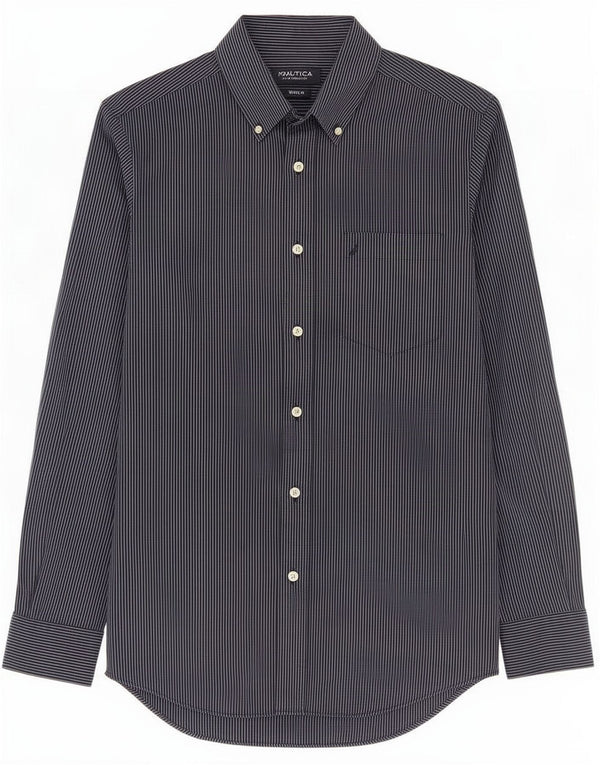 Nautica Mens Classic Fit Shirt Small Navy Blue Pinstripe Cotton