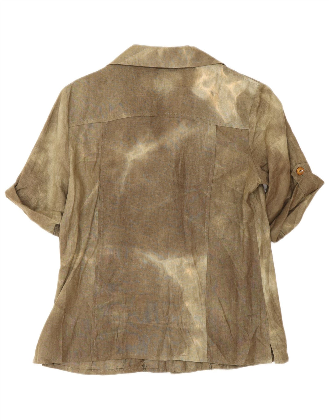 Vintage mujer camisa de manga corta blusa Reino Unido 12 medio caqui tie tinte seda