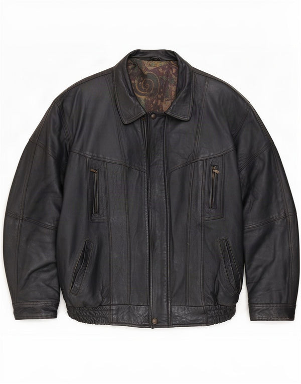 Chaqueta de cuero holgada vintage para hombre EU 48 Medium Black