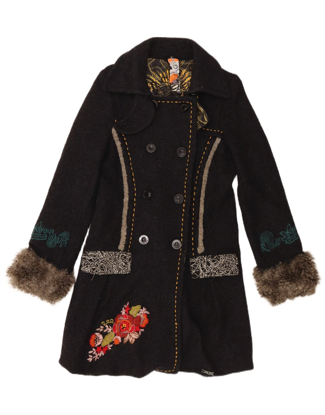 Desigual Abrigo gráfico de doble botonadura para mujer EU 40 Medio Negro Floral