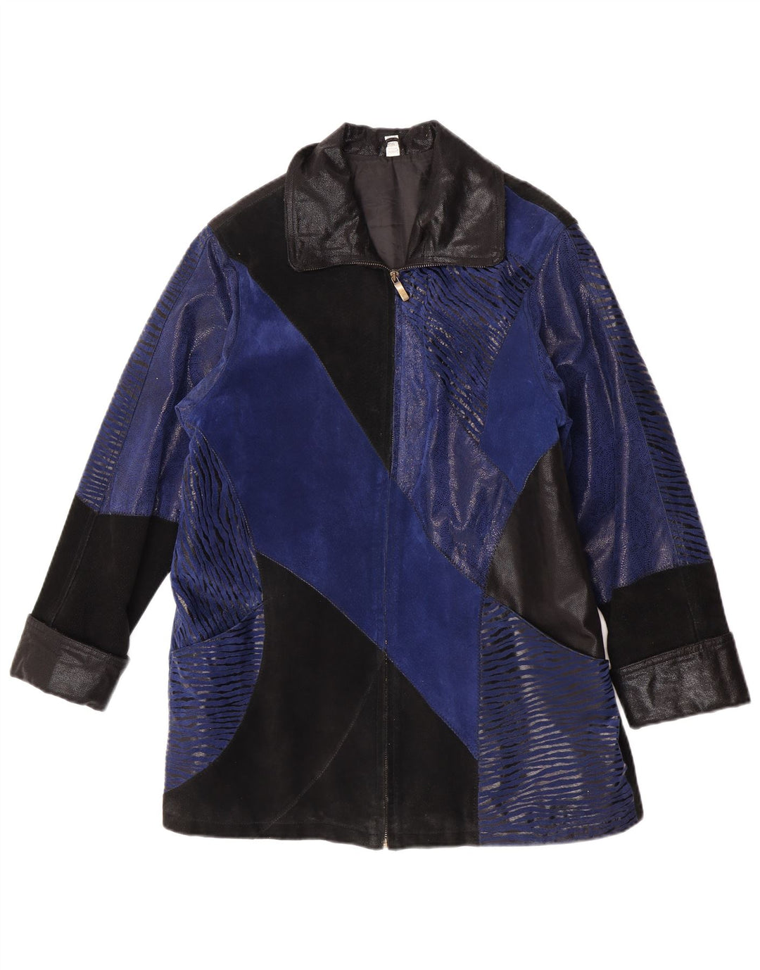 Vintage mujer ante abrigo Reino Unido 12 medio azul colorblock cuero