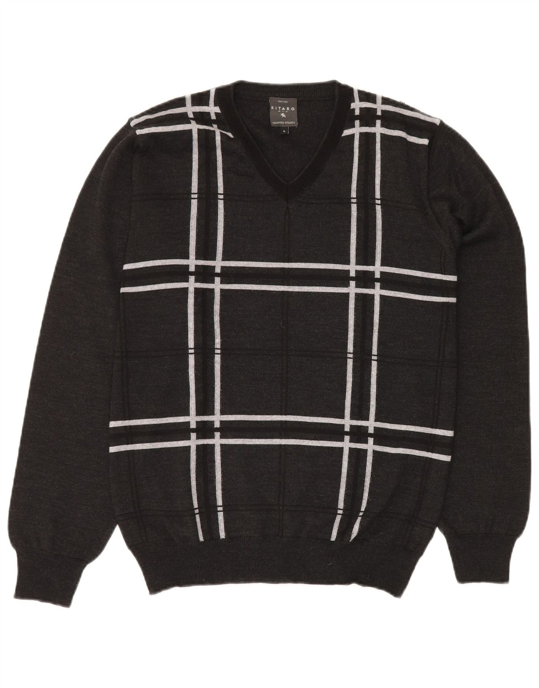KITARO Jersey con cuello en V para hombre de lana a cuadros gris grande