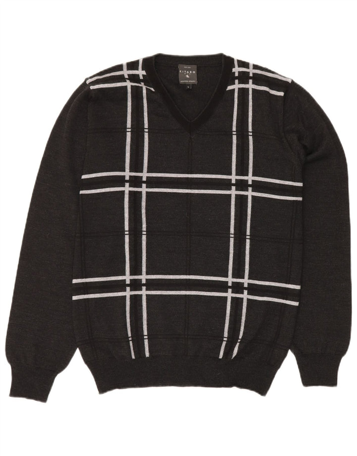 KITARO Jersey con cuello en V para hombre de lana a cuadros gris grande