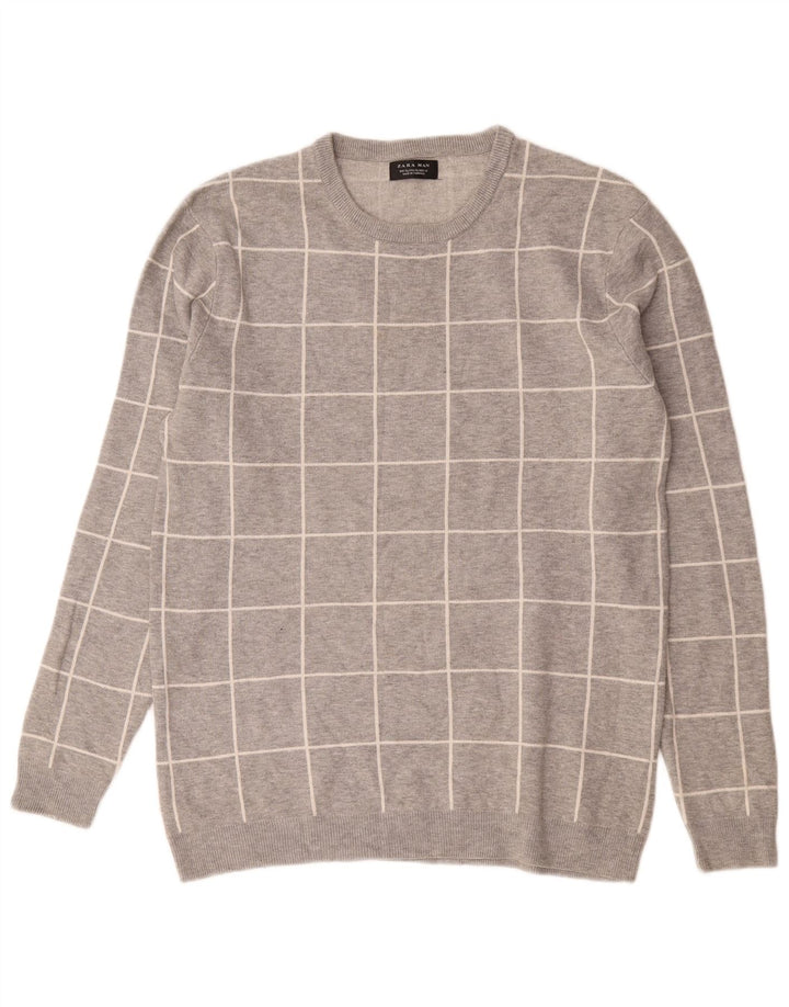 Zara Hombre Jersey Cuello Redondo Jersey XL Gris Cuadros Nylon