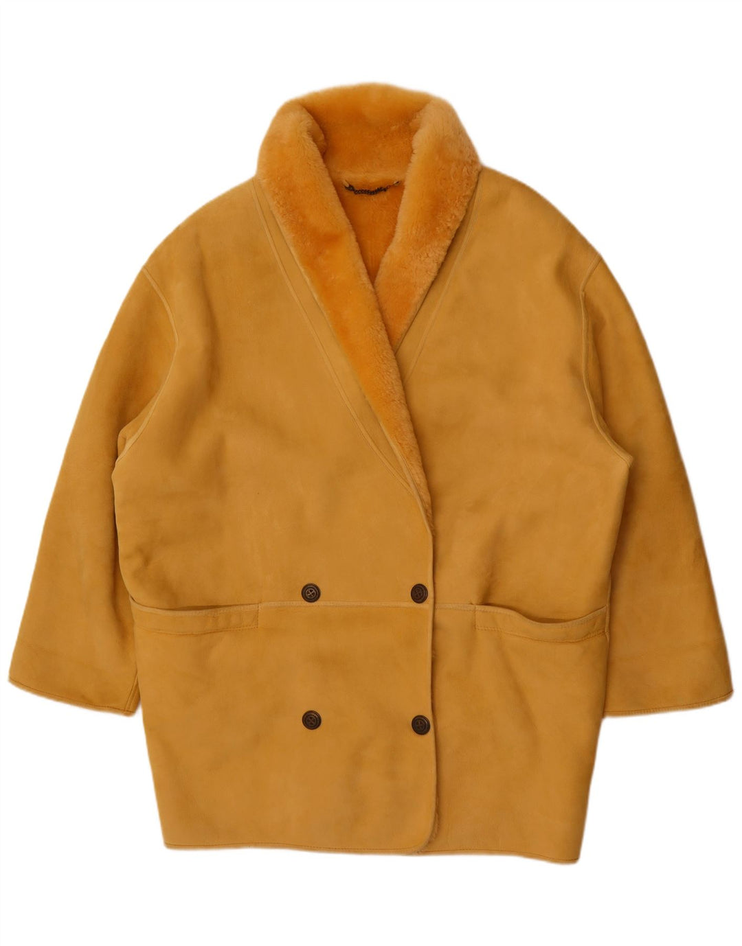 Vintage mujer doble pecho abrigo de piel de oveja de gran tamaño IT 44 amarillo medio