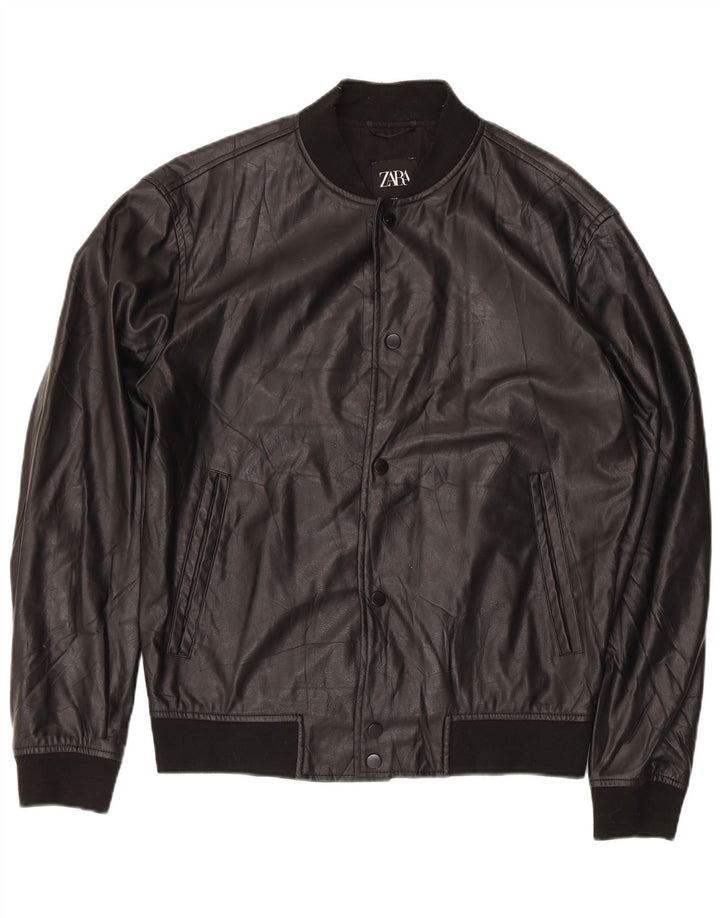 Zara Mens Chaqueta Bomber De Piel Sintética UK 38 Mediano Negro Poliéster
