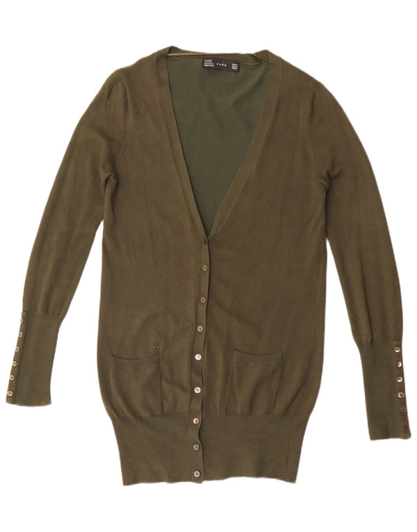 Zara Mujer Longline Cardigan Suéter UK 12 Medium Khaki Rayon