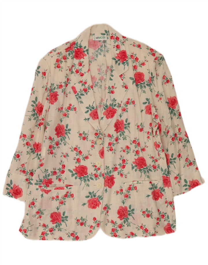 Vintage mujer 3 botones Blazer chaqueta IT 50 XL lino floral blanco