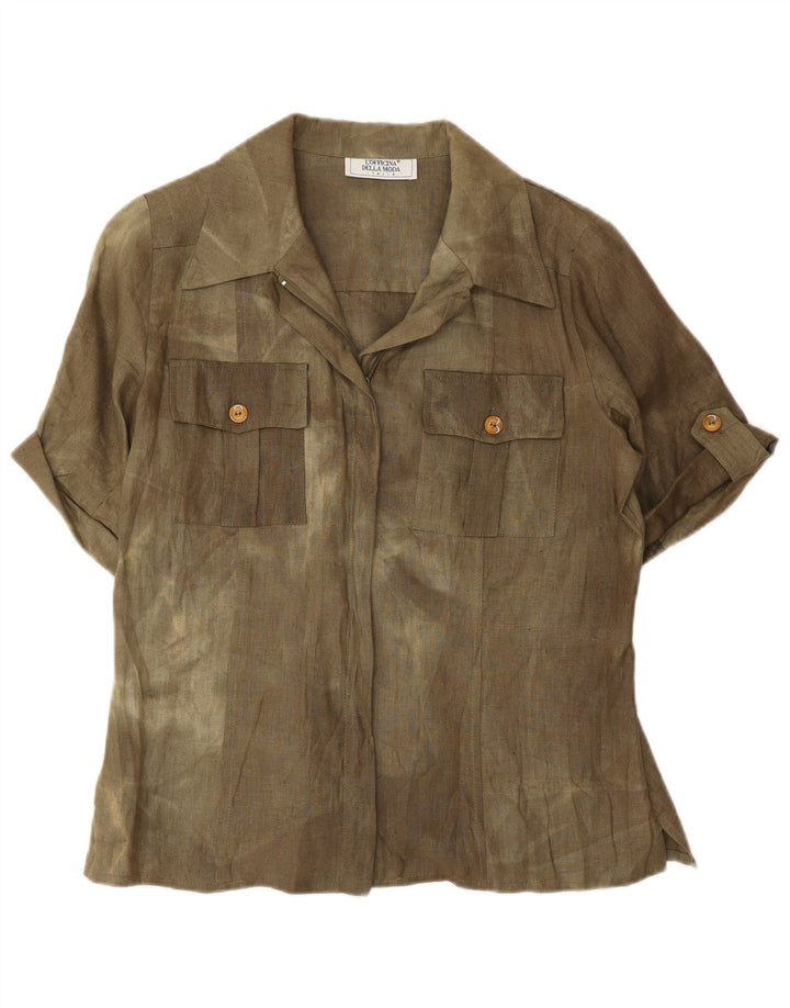 Vintage mujer camisa de manga corta blusa Reino Unido 12 medio caqui tie tinte seda