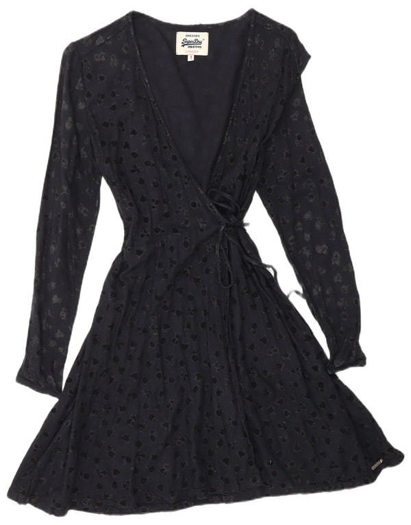 SUPERDRY Womens Abstract Pattern Long Sleeve Wrap Dress UK 6 XS Navy Blue