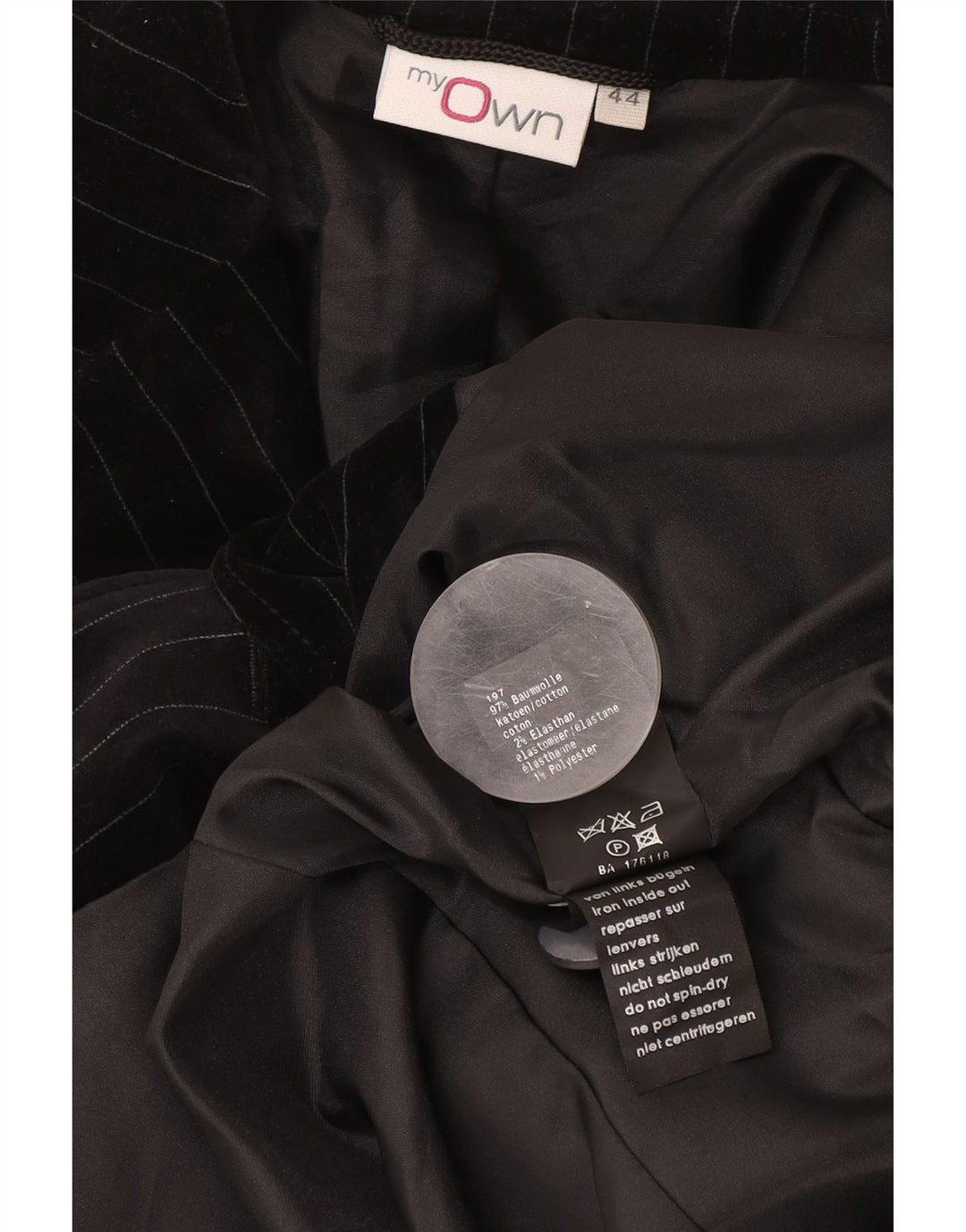 My Own Chaqueta Blazer de Terciopelo con 2 Botones para Mujer IT 44 Medium Black Pinstripe