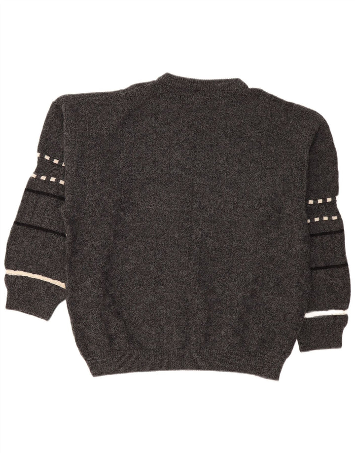 Vintage hombres cuello redondo jersey suéter 2XL gris rayas lana