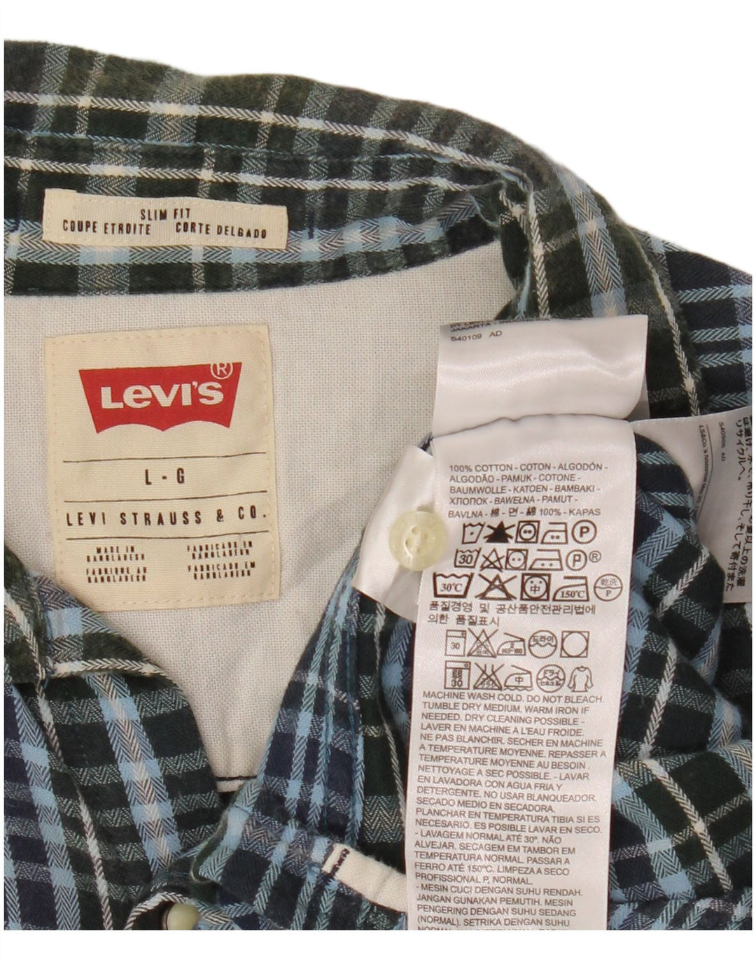 Levi's Mens Slim Fit Flannel Shirt Large Blue Check Cotton