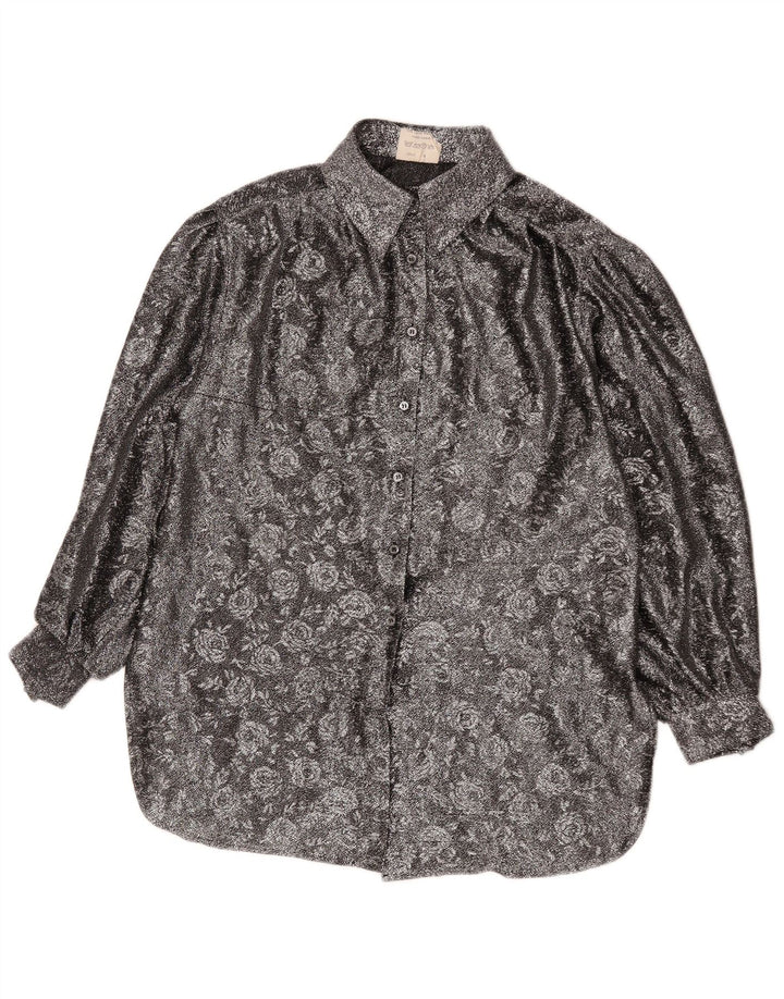 Vintage mujer suelta ajuste camisa EU 42 poliéster floral plateado grande