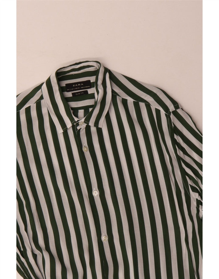 ZARA Hombre Camisa Slim Fit Viscosa Rayas Verde Small
