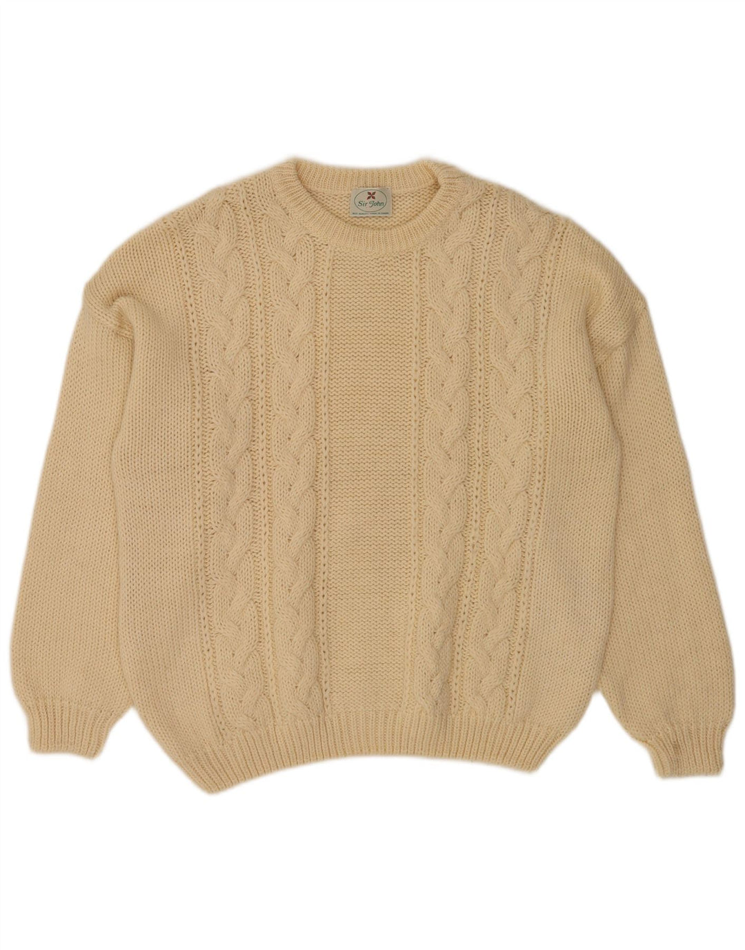 Vintage hombres cuello redondo jersey suéter medio beige lana