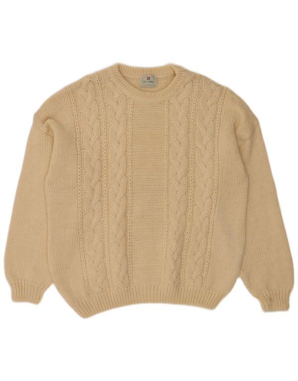 Vintage hombres cuello redondo jersey suéter medio beige lana