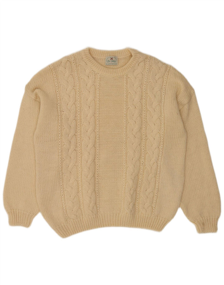 Vintage hombres cuello redondo jersey suéter medio beige lana