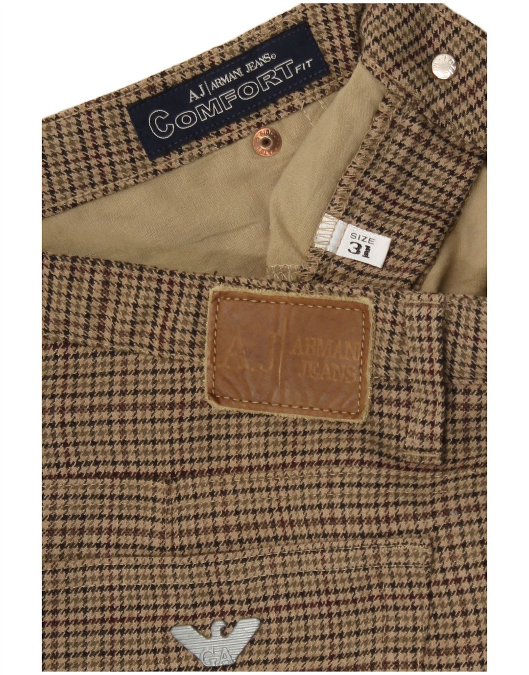 Armani Pantalón Casual Recto Mujer W31 L30 Verde Pata De Gallo Poliéster