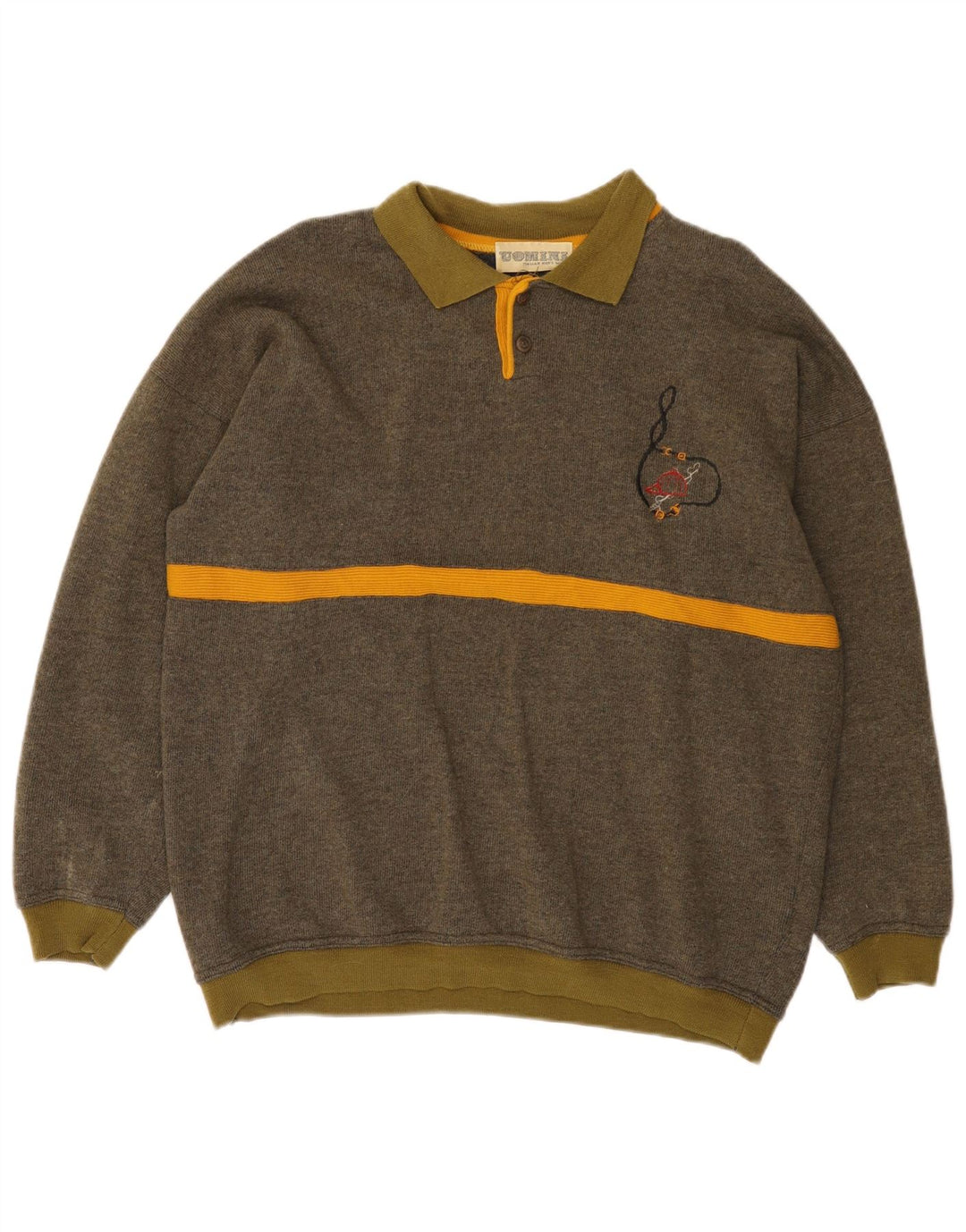 Vintage hombres polo cuello jersey suéter grande caqui rayas lana