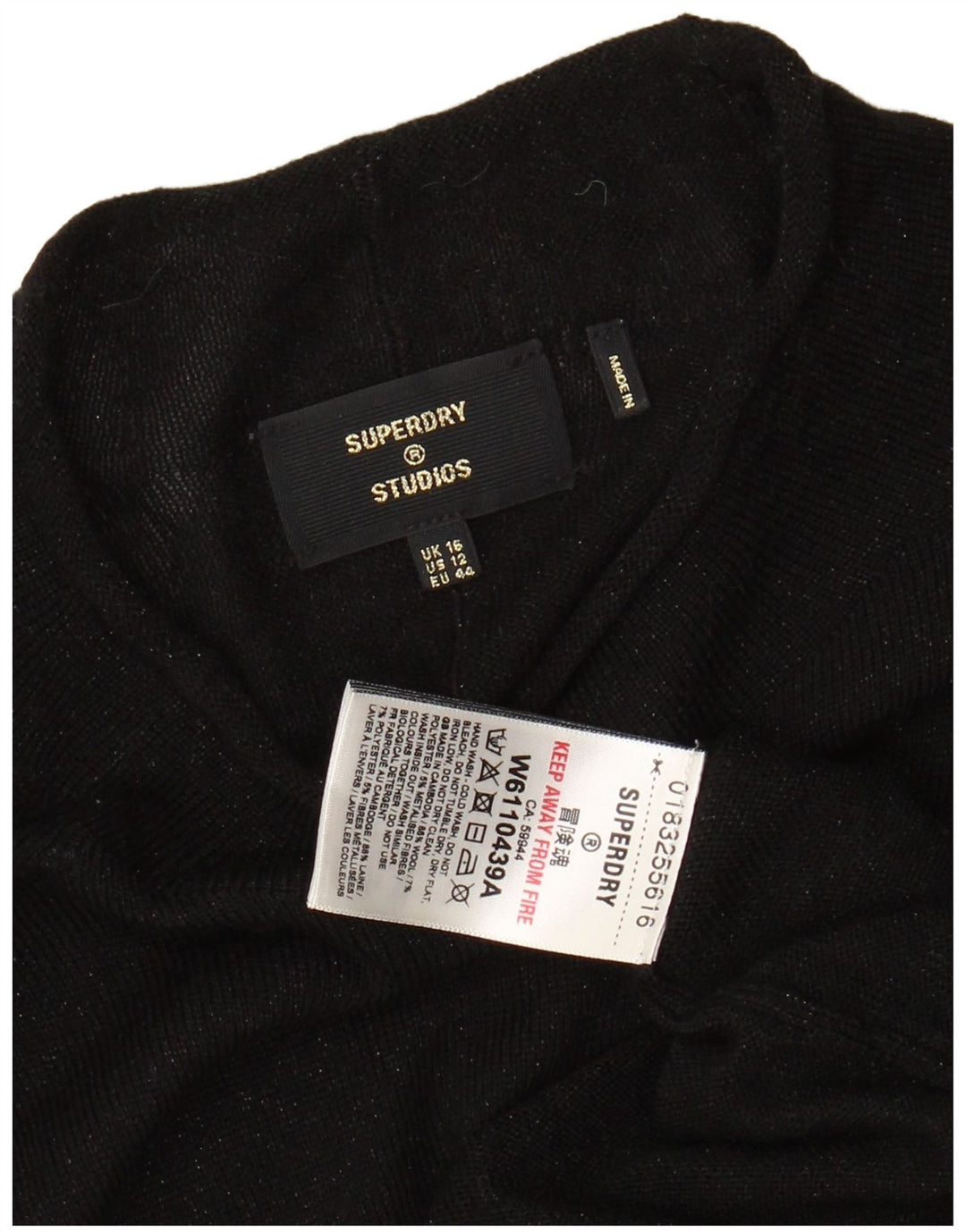 SUPERDRY Suéter corto con cuello redondo para mujer UK 46 Large Black Wool