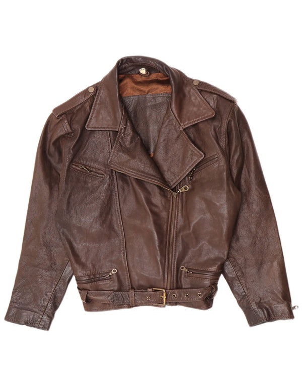 Vintage mujer chaqueta biker de cuero de gran tamaño Reino Unido 6 XS cuero marrón